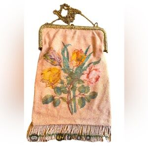 Lovely Early 1900s micro beaded purse flowers fringe Victorian  art deco